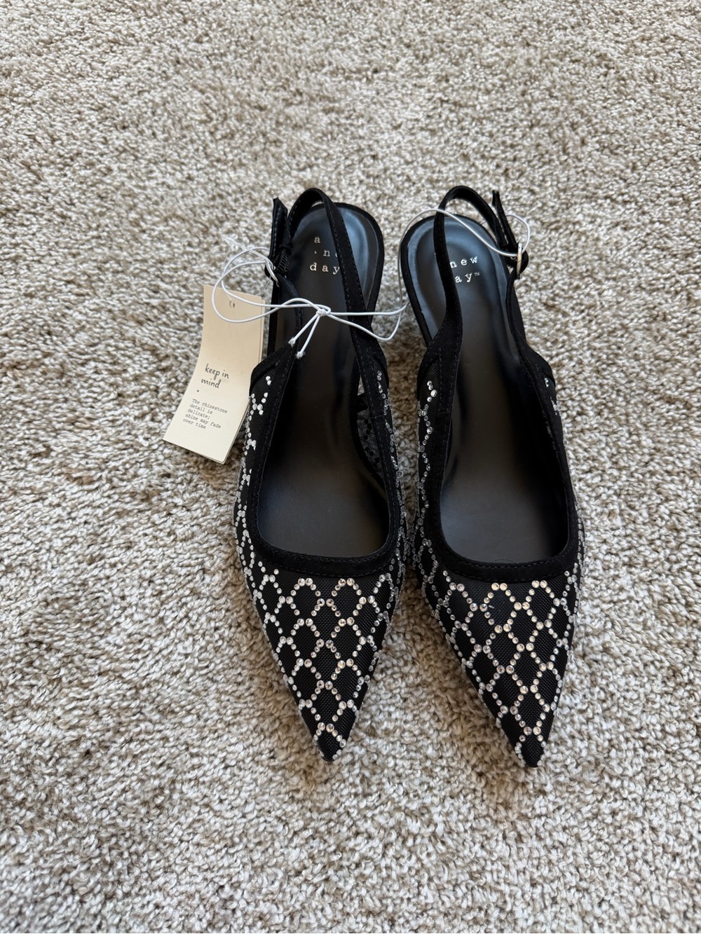 Black Crystal Lattice Pointed Slingbacks size 7